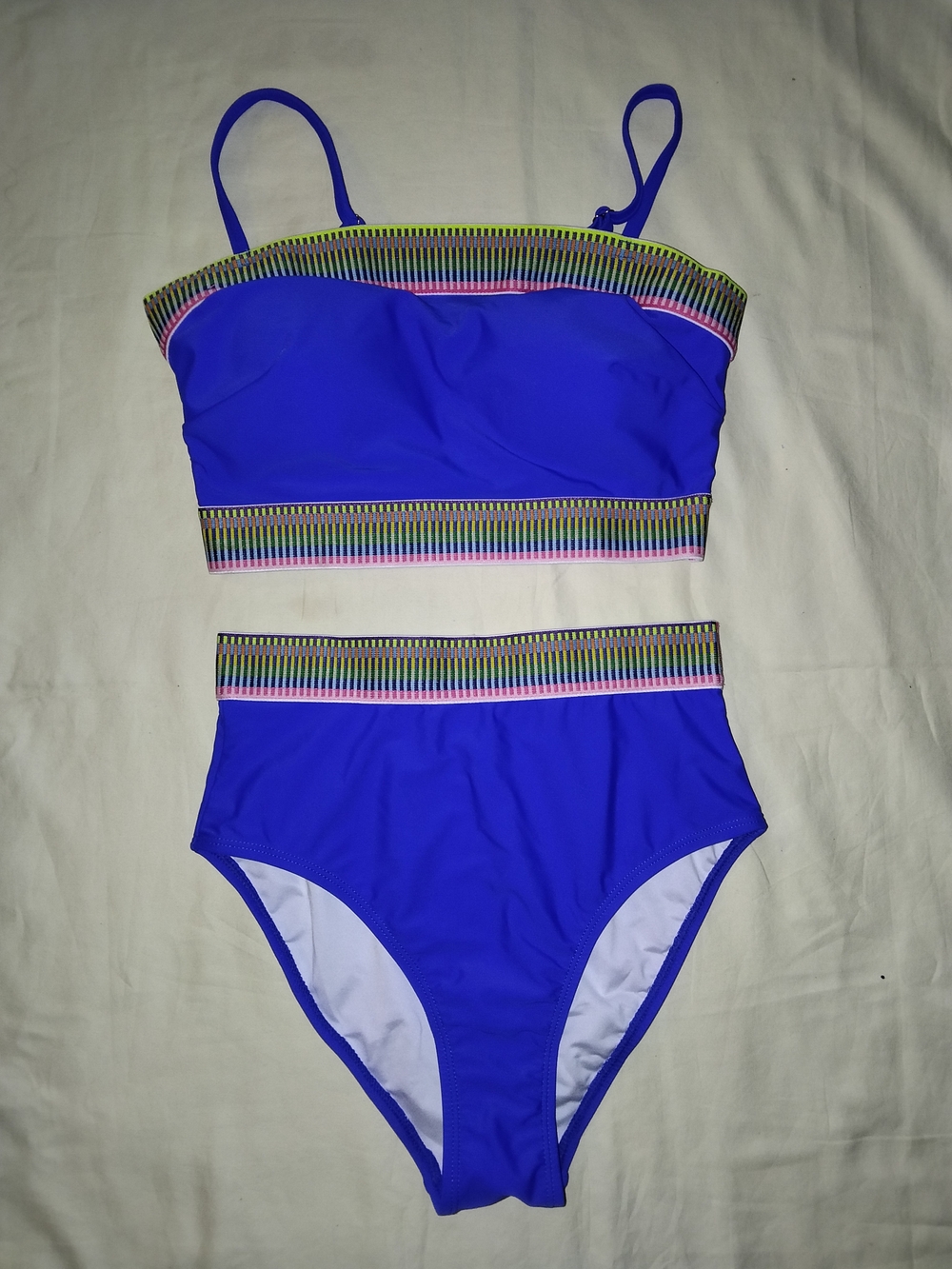 Source Unknown Blue High-Waist Bikini with Multicolor Trim